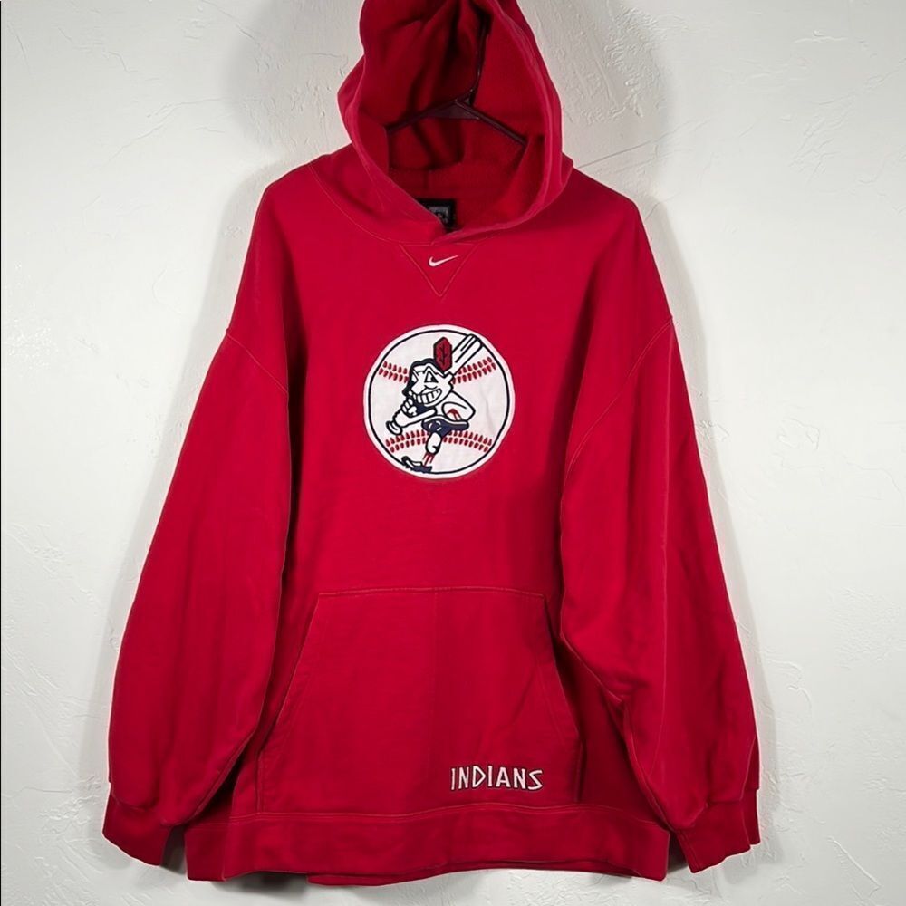 🔥⚾️‎ Vintage 90s NIKE Cleveland Indians MLB Center Swoosh Hoodie Sweatshirt XXL
